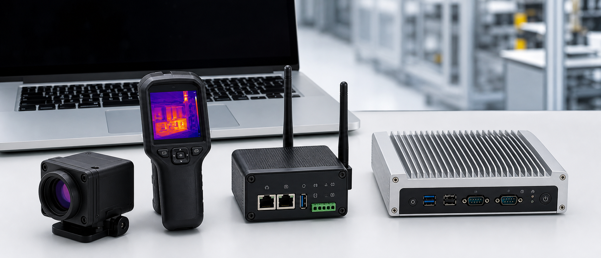 Industrienahe Hardware mit Wärmebildkamera, Embedded Gateway, On-Premise IPC und Laptop