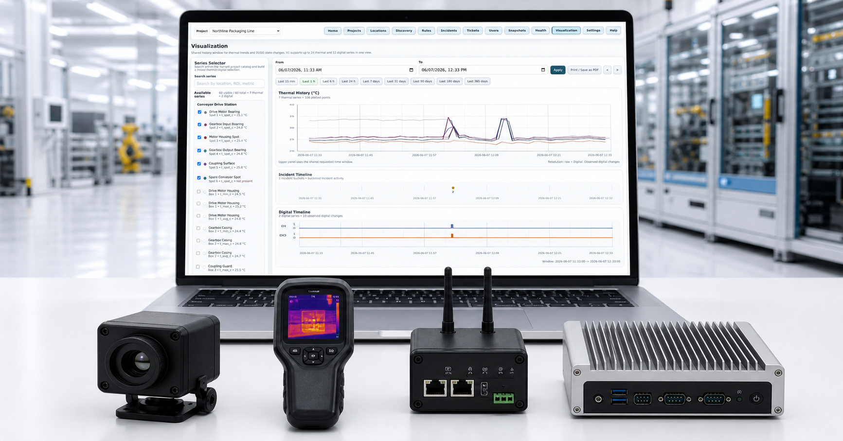 Laptop mit JC Thermal Monitor Visualisierung, Wärmebildkamera, mobiler Thermografie, Edge-Sensorik und On-Premise IPC