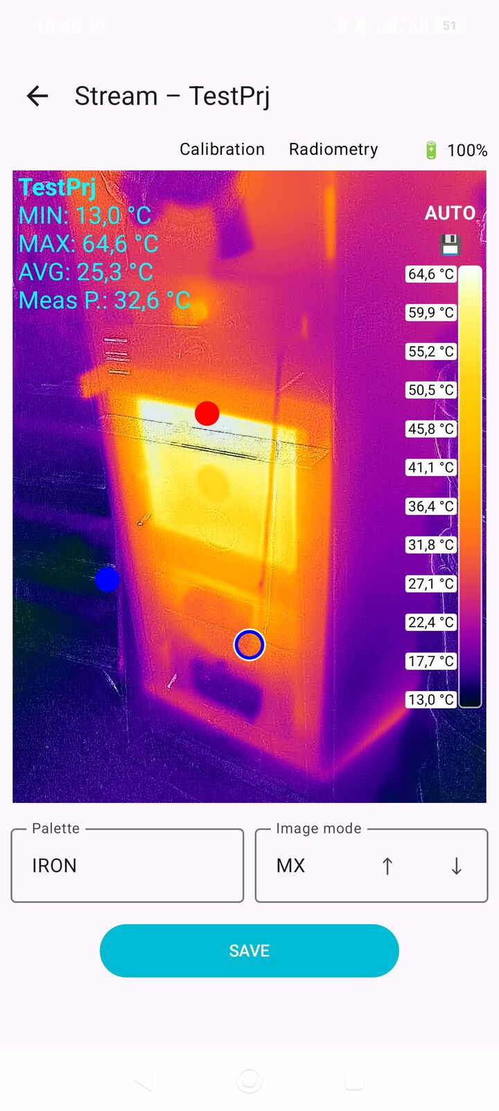JC Thermal Master Pro: immagine termica dal vivo con valori di temperatura