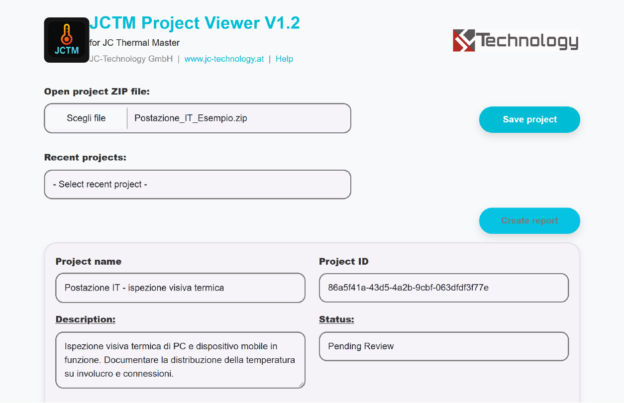 JCTM Project Viewer con dati di progetto di esempio
