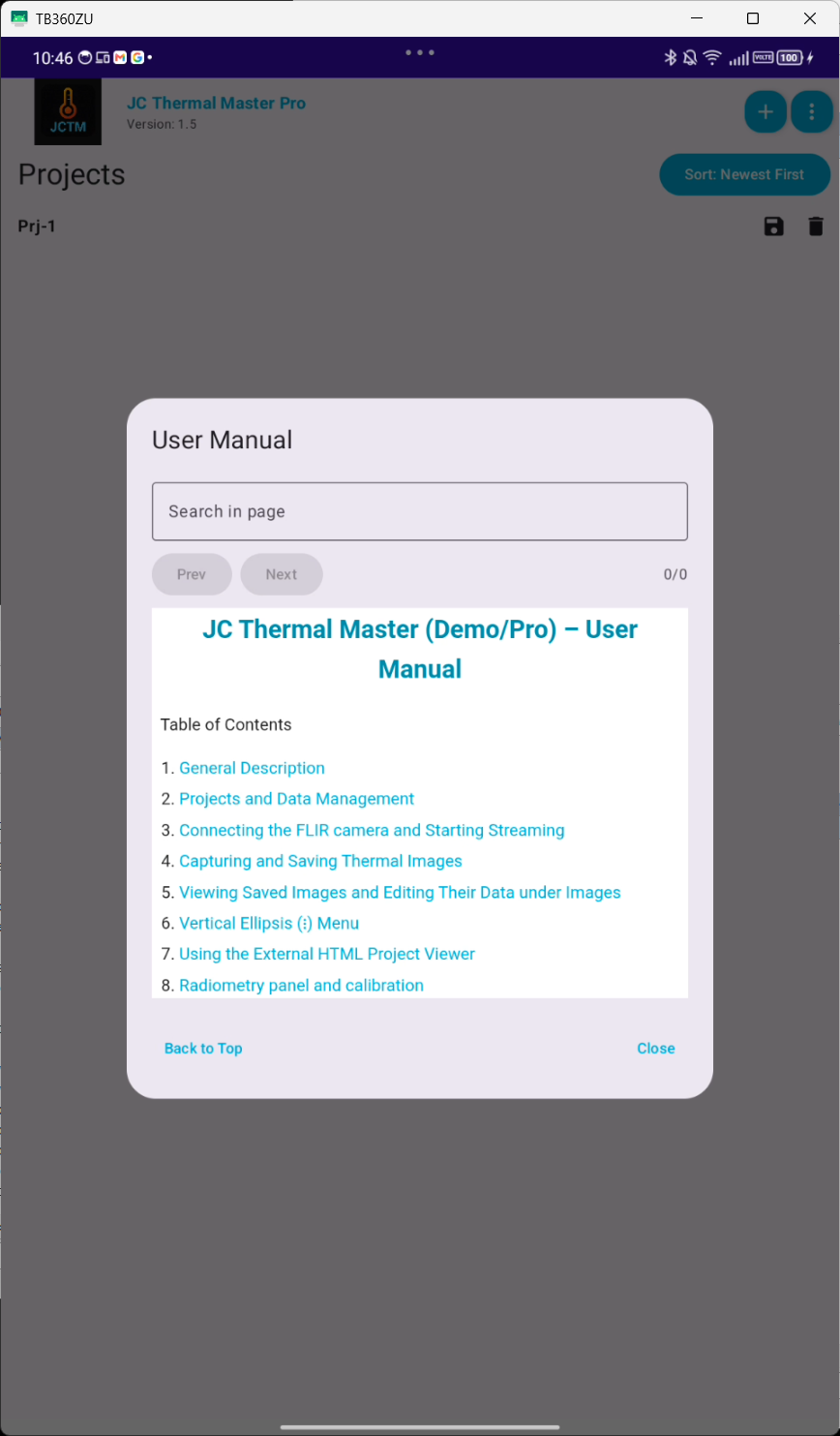 JC Thermal Master Help und About mit App-Hilfe, Produktinformation und Hinweisen