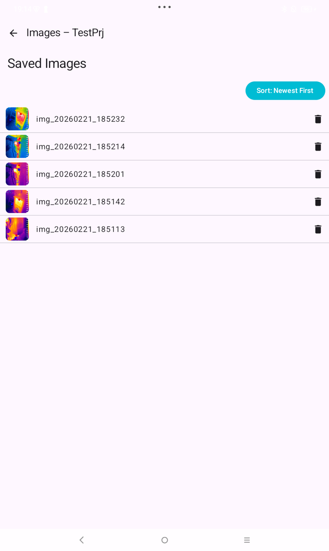 JC Thermal Master Image list mit gespeicherten Aufnahmen und Statusinformationen
