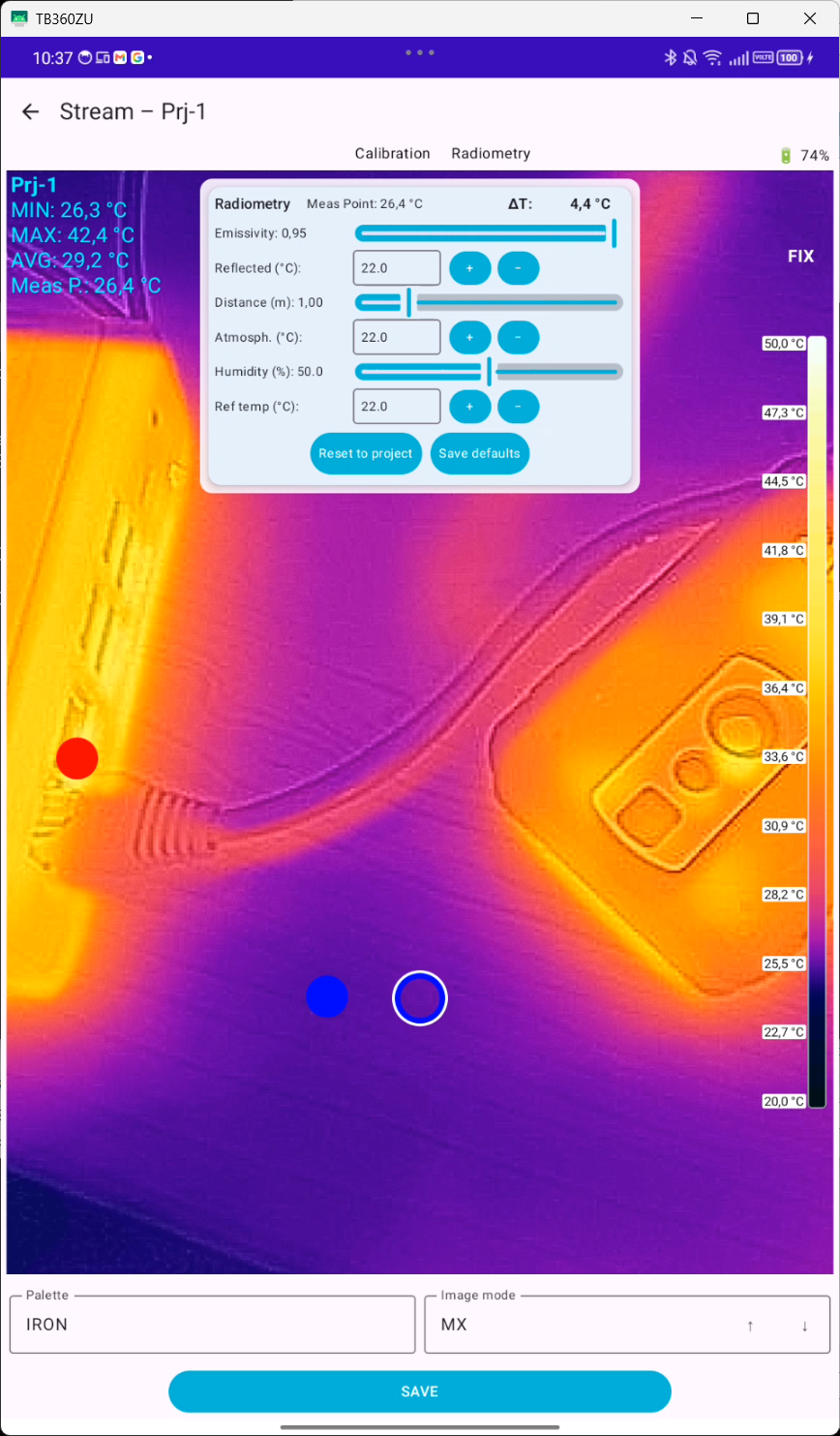 JC Thermal Master Radiometry panel mit Emissivität, Distanz, Atmosphäre und Luftfeuchte