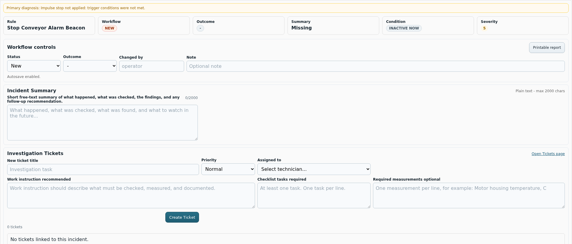 JC Thermal Monitor Incident detail with workflow controls and ticket creation
