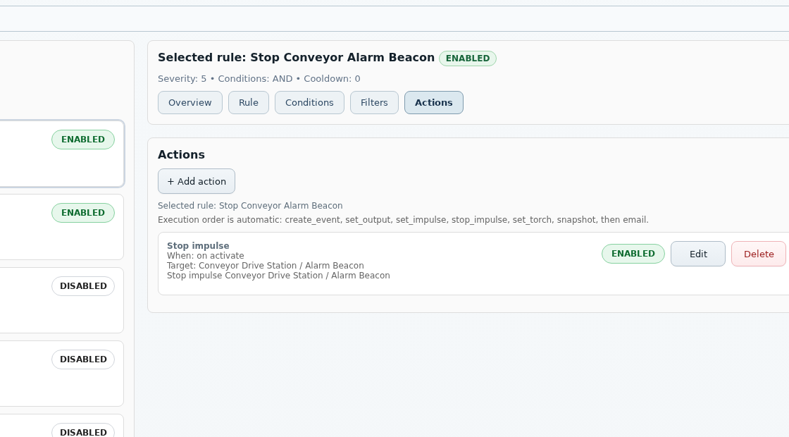 JC Thermal Monitor Rules actions tab with stop impulse action