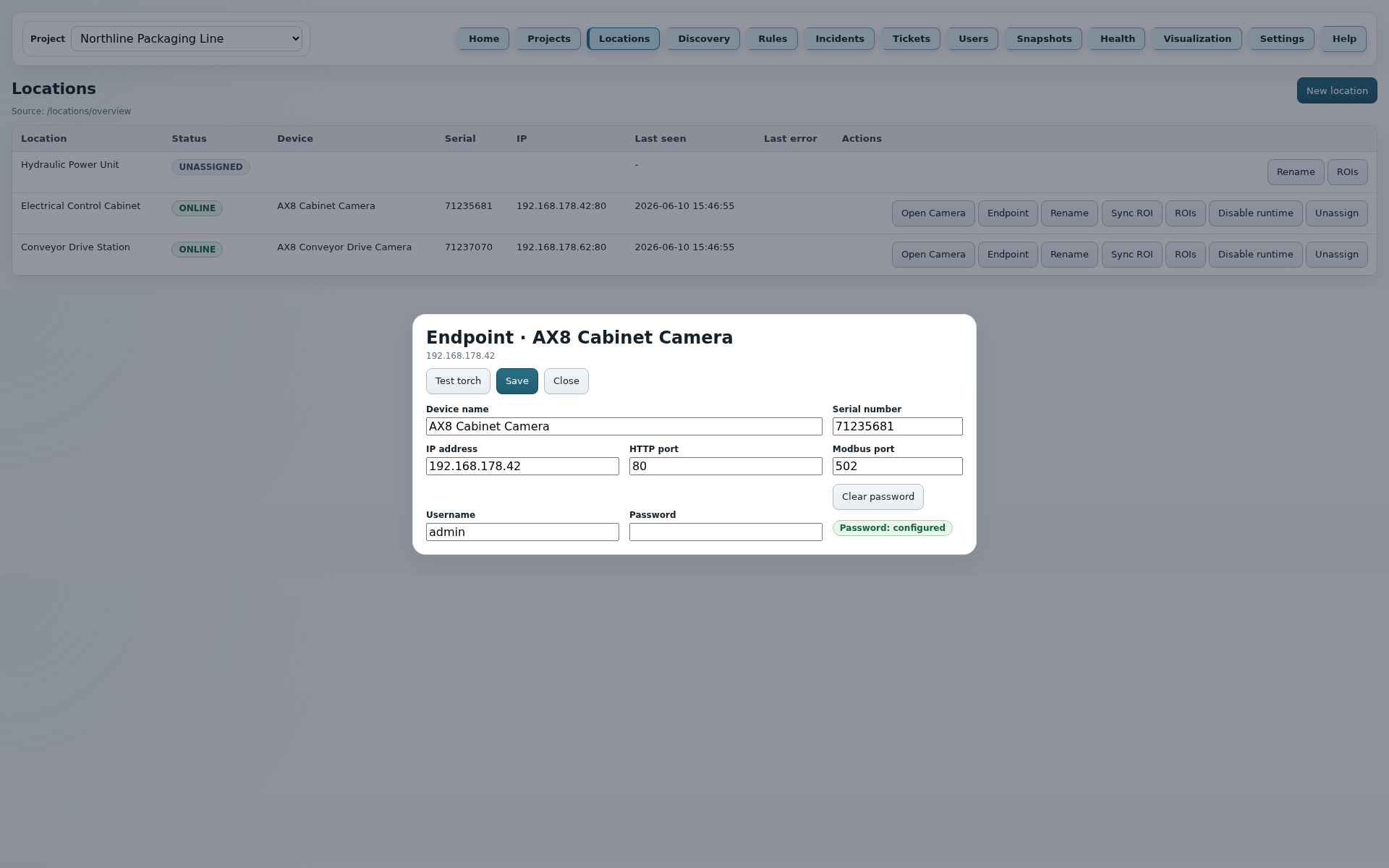 JC Thermal Monitor Locations Endpoint Dialog mit Kamera-IP, Ports, Username und Passwortstatus