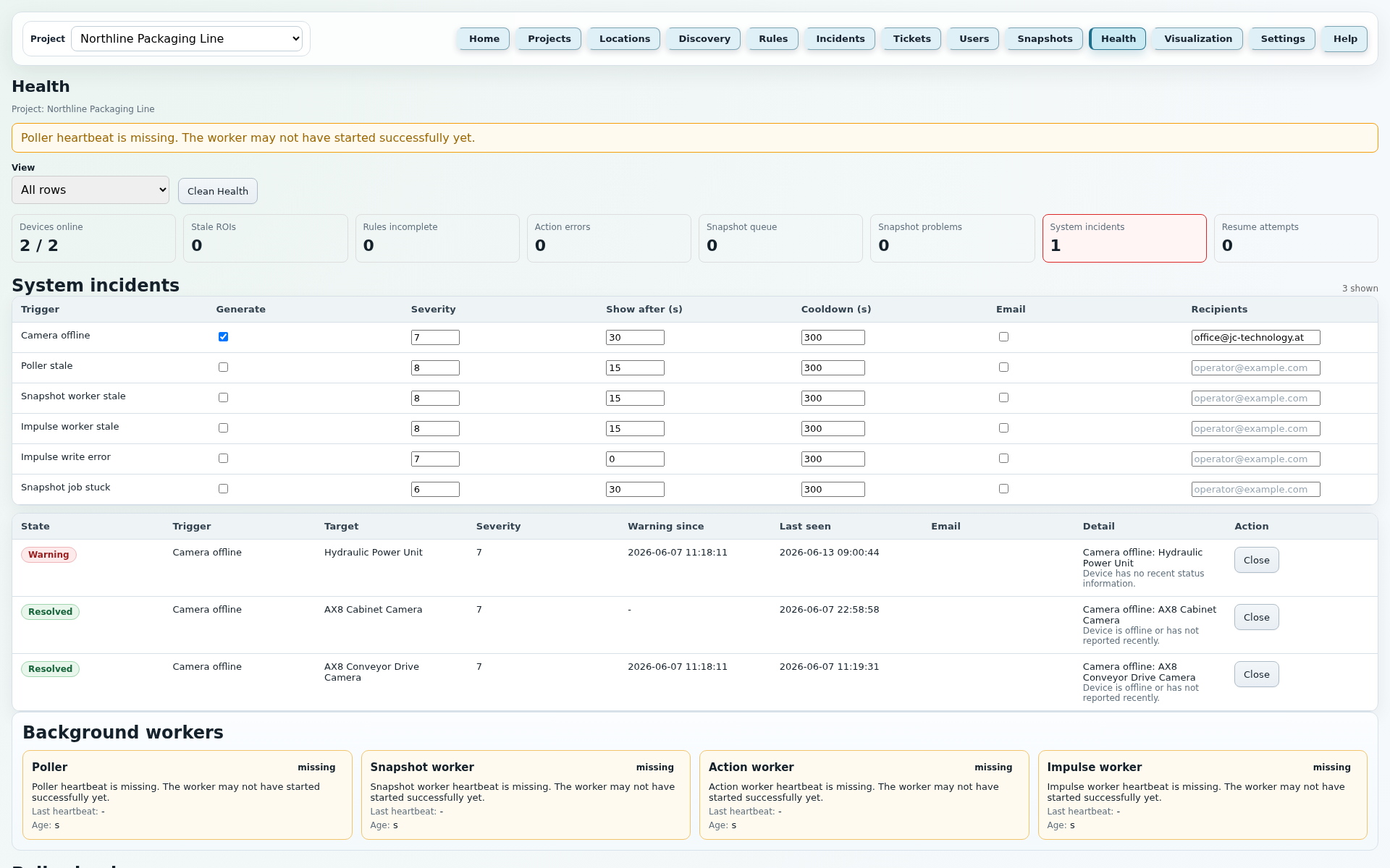 JC Thermal Monitor Health Seite mit Betriebsdiagnose, Workerstatus und Runtime-Warnungen
