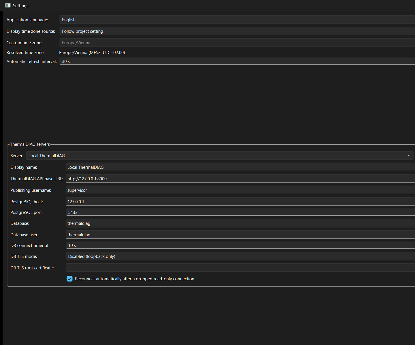 Impostazioni di ThermalDIAG Analytics per lingua, fuso orario, aggiornamento e profili server