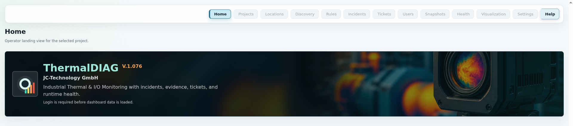 ThermalDIAG Home dashboard with project status, incidents, health warnings and snapshots