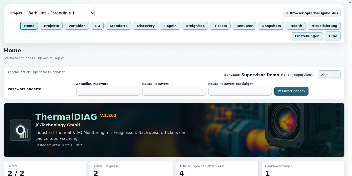ThermalDIAG Home-Dashboard mit Projektstatus, aktiven Ereignissen und Systemzustand-Warnungen