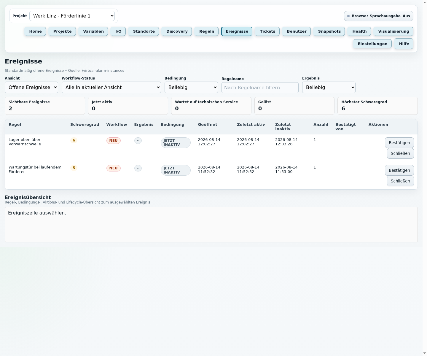 ThermalDIAG Ereignisse mit Workflow-Status, Regelkontext und Aktionen