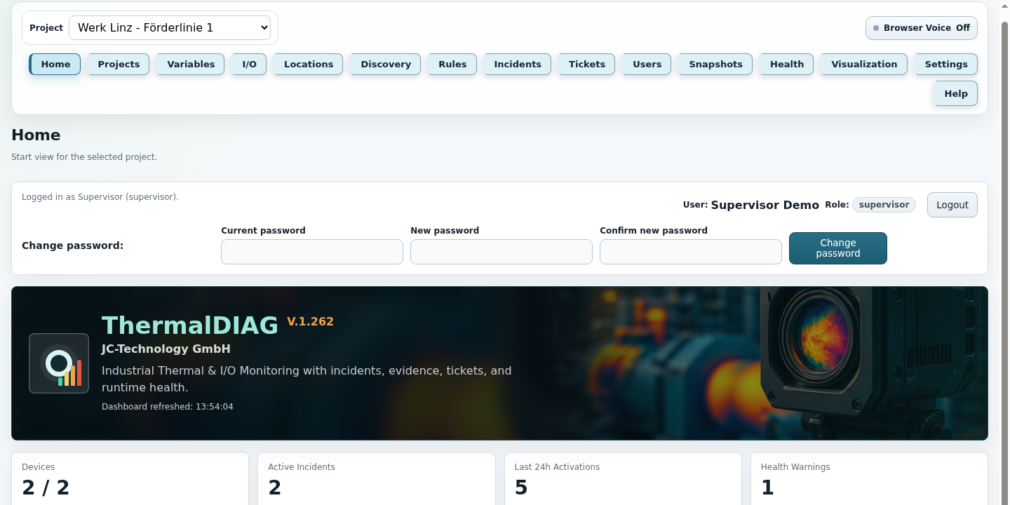 ThermalDIAG Home dashboard with project status, active incidents and health warnings
