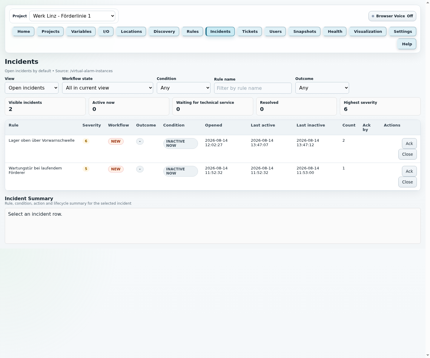 ThermalDIAG incidents page with workflow status, rule context and actions