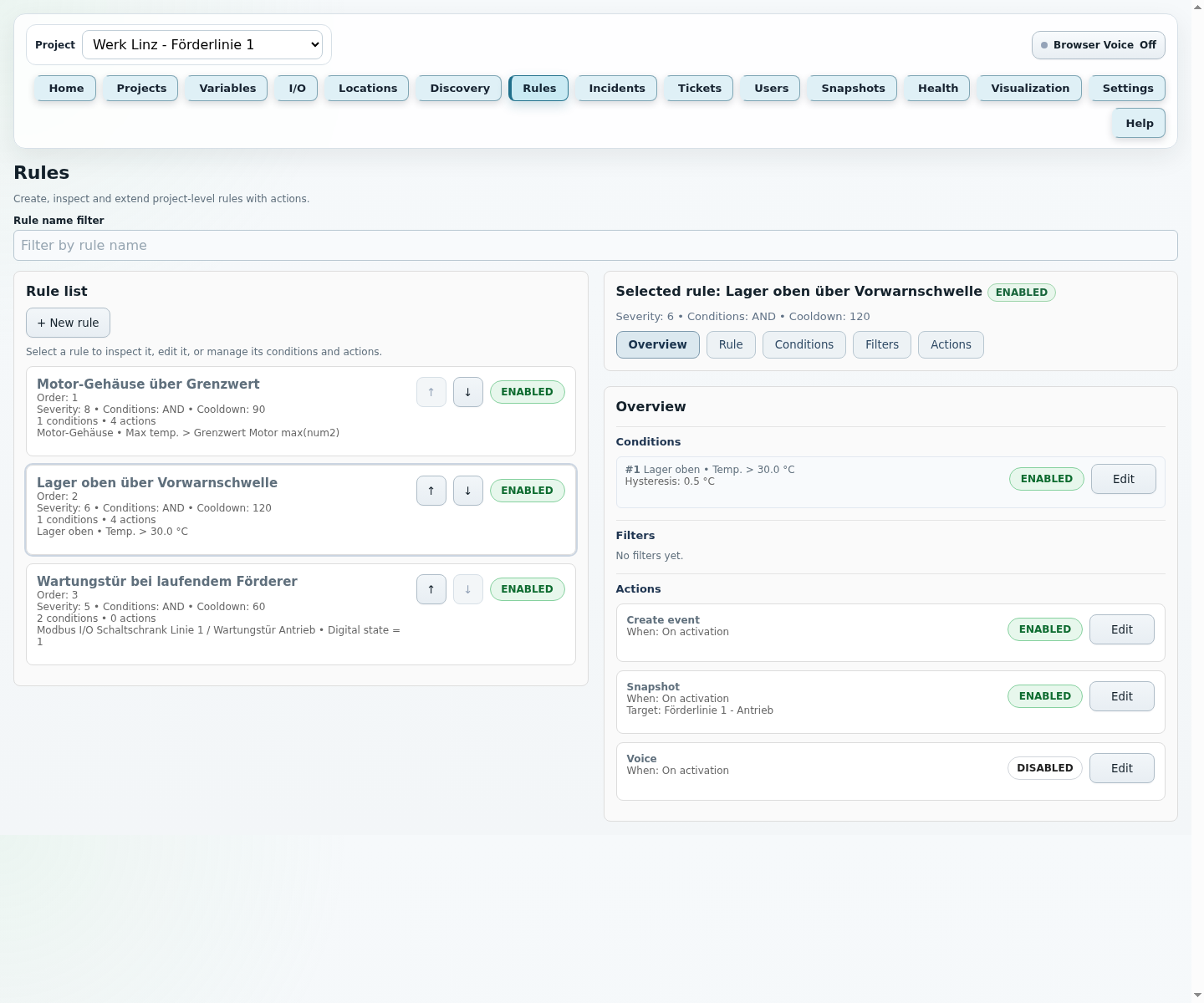 ThermalDIAG rules page with conditions, filters and actions